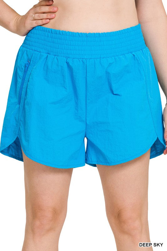 Plus Windbreaker Smocked Waistband Running Shorts - Zenana
