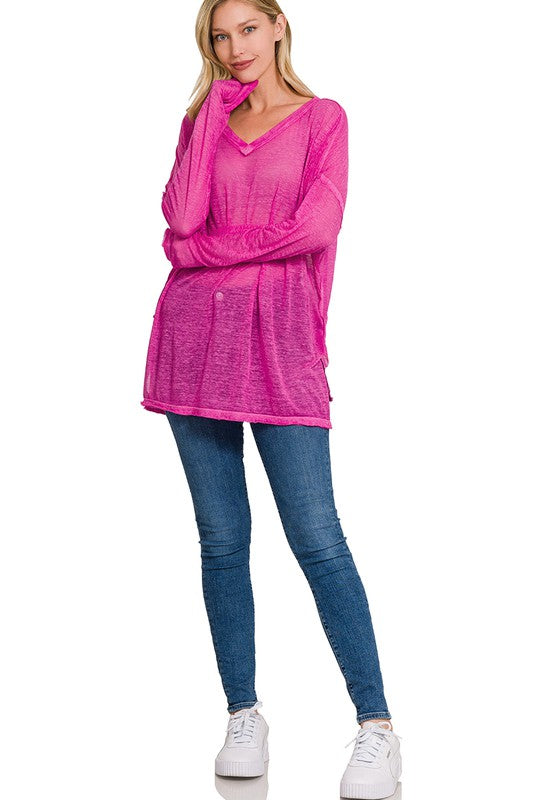 Melange Burnout Dolman Sleeve V-Neck Top - Zenana