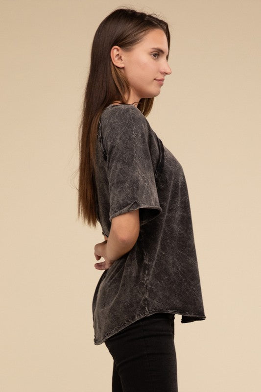 Back Patch Crinkle Washed Raglan Sleeve T-Shirt - Zenana