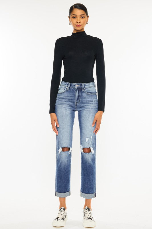 High Rise Hem Detail Slim Straight Jeans - KanCan