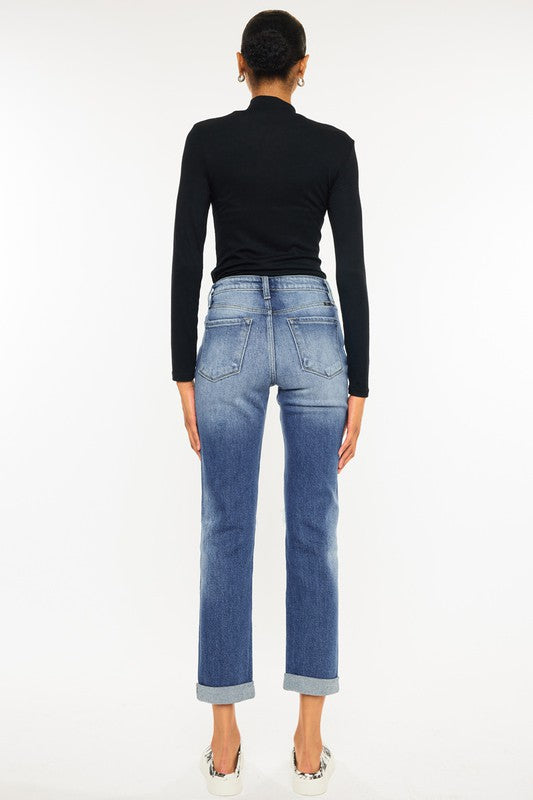 High Rise Hem Detail Slim Straight Jeans - KanCan