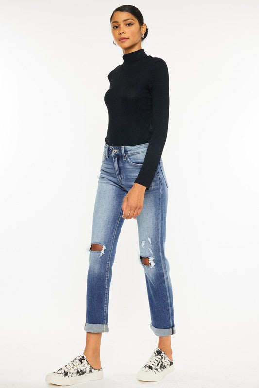 High Rise Hem Detail Slim Straight Jeans - KanCan