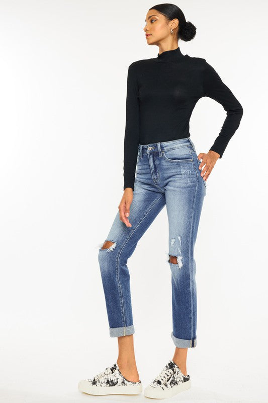 High Rise Hem Detail Slim Straight Jeans - KanCan