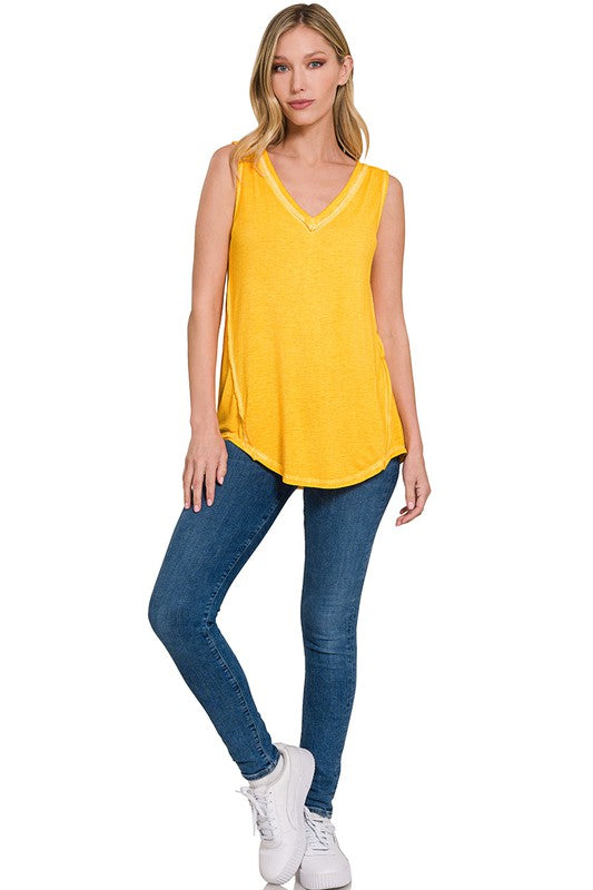 Washed Sleeveless V-Neck Top with Hi-Low Hem - Zenana