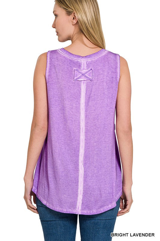 Washed Sleeveless V-Neck Top with Hi-Low Hem - Zenana