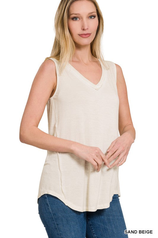 Washed Sleeveless V-Neck Top with Hi-Low Hem - Zenana