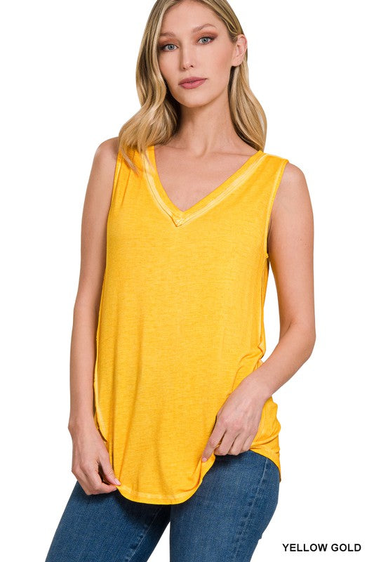Washed Sleeveless V-Neck Top with Hi-Low Hem - Zenana