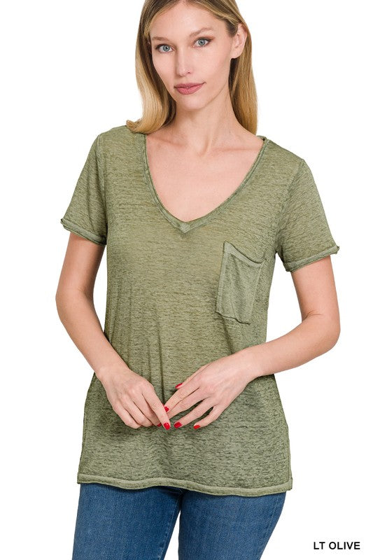 Washed Melange Burnout Scoop V-Neck Top - Zenana