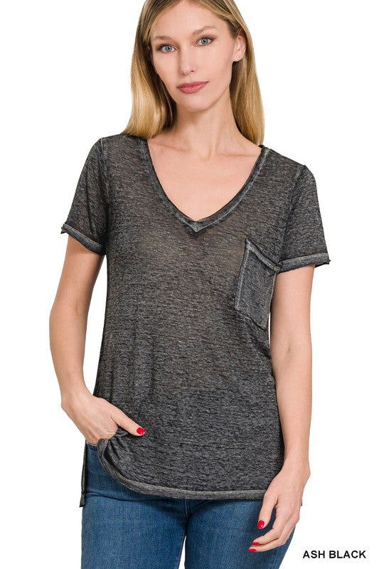 Washed Melange Burnout Scoop V-Neck Top - Zenana