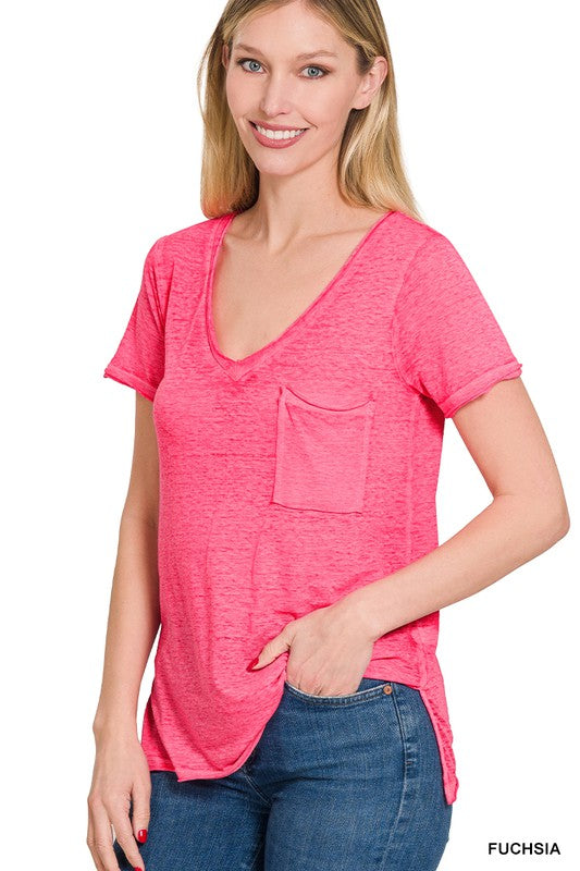 Washed Melange Burnout Scoop V-Neck Top - Zenana