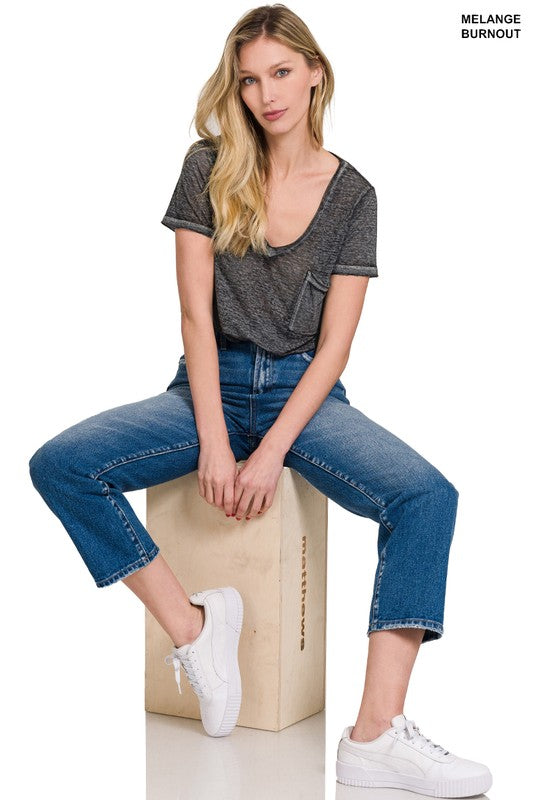 Washed Melange Burnout Scoop V-Neck Top - Zenana