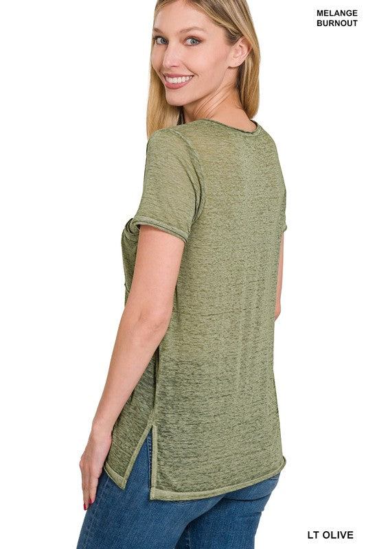 Washed Melange Burnout Scoop V-Neck Top - Zenana