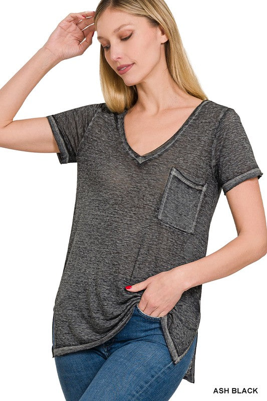 Washed Melange Burnout Scoop V-Neck Top - Zenana
