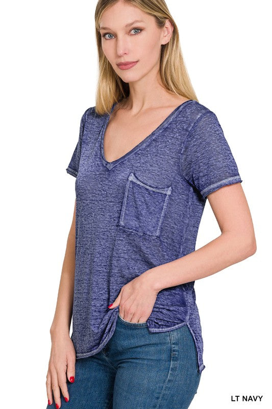Washed Melange Burnout Scoop V-Neck Top - Zenana