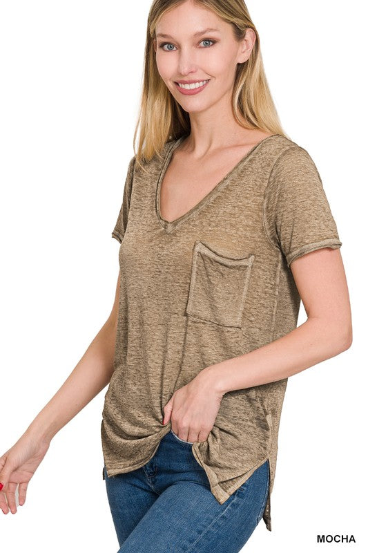 Washed Melange Burnout Scoop V-Neck Top - Zenana