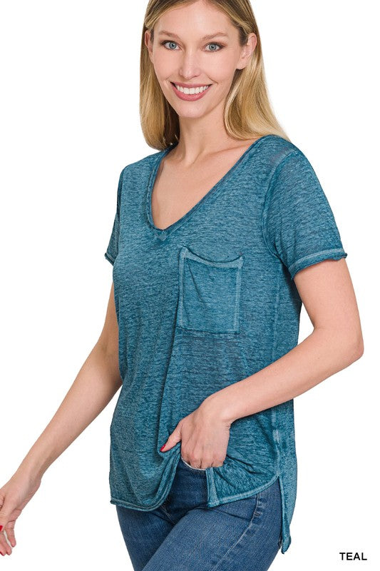 Washed Melange Burnout Scoop V-Neck Top - Zenana