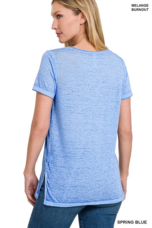 Washed Melange Burnout Scoop V-Neck Top - Zenana