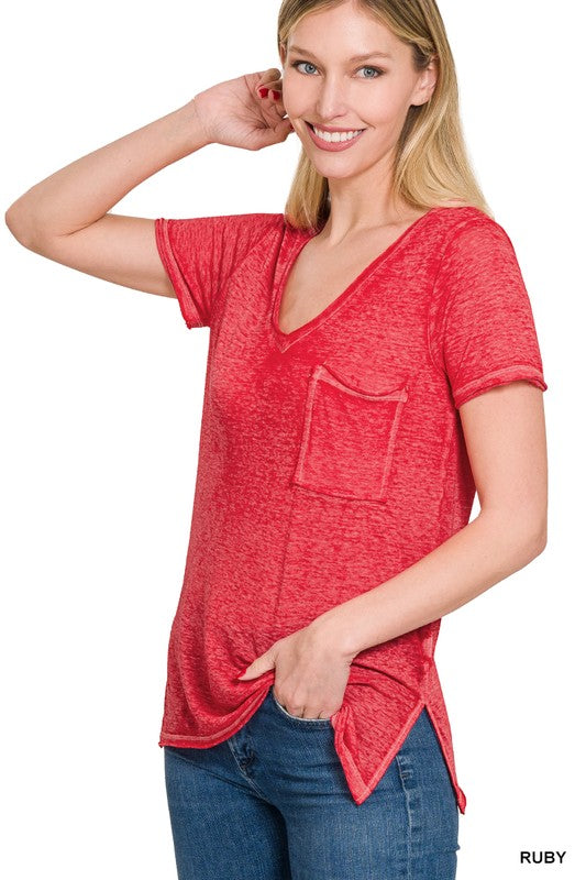 Washed Melange Burnout Scoop V-Neck Top - Zenana