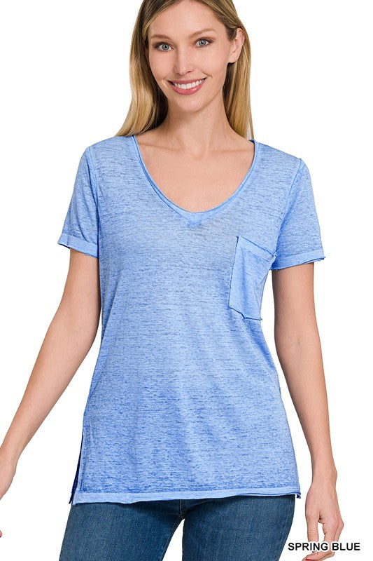 Washed Melange Burnout Scoop V-Neck Top - Zenana
