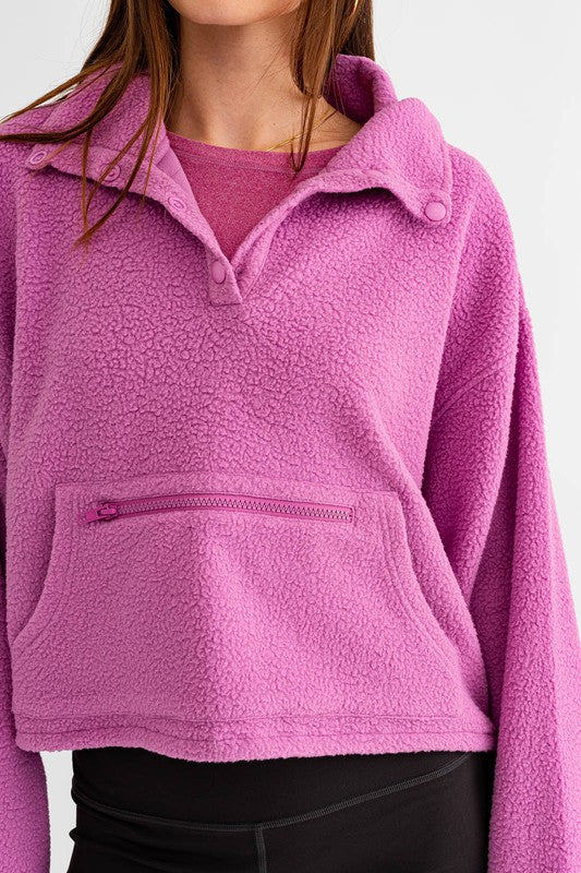 Pocket Detail Boxy Fleece Pullover Sweater - Le Lis