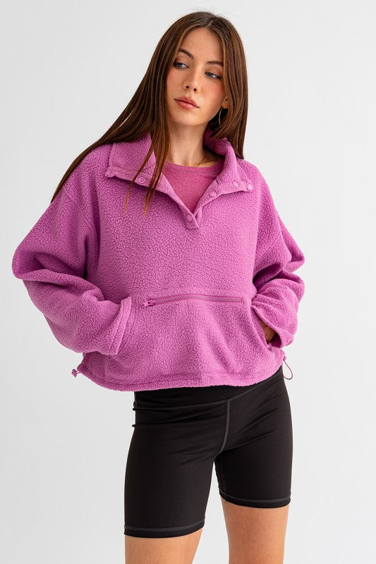 Pocket Detail Boxy Fleece Pullover Sweater - Le Lis