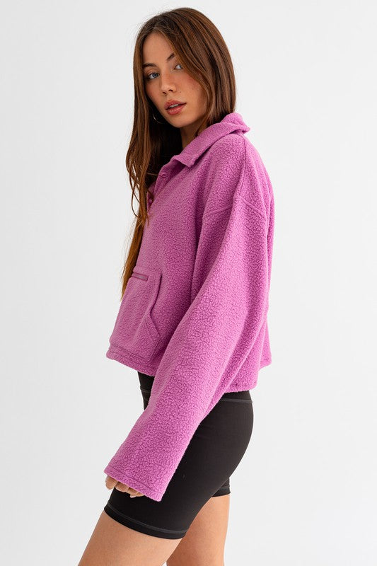 Pocket Detail Boxy Fleece Pullover Sweater - Le Lis