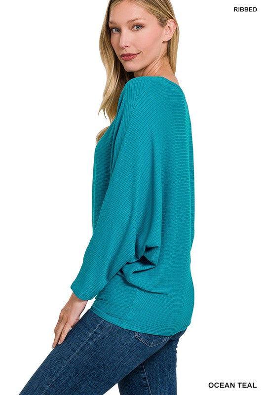 Ribbed Batwing Long Sleeve Boat Neck Sweater - Zenana