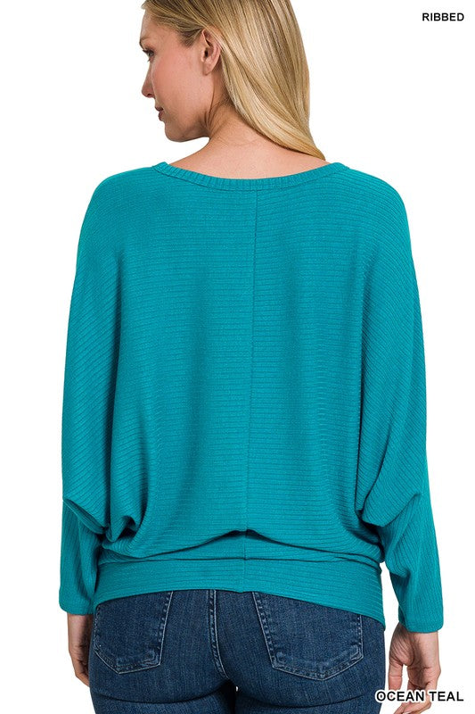 Ribbed Batwing Long Sleeve Boat Neck Sweater - Zenana