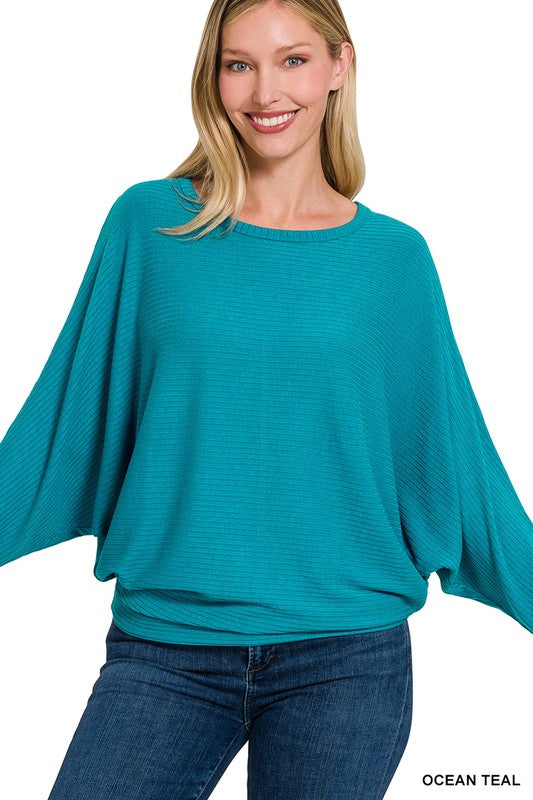 Ribbed Batwing Long Sleeve Boat Neck Sweater - Zenana