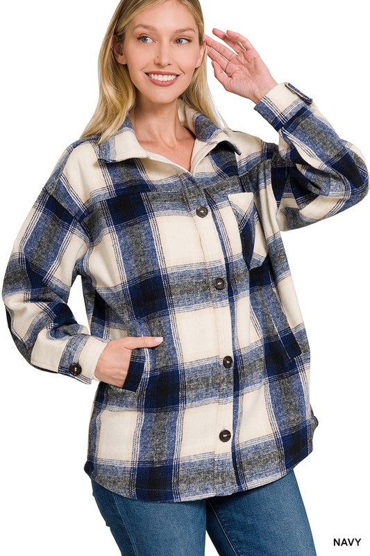 Oversized Yarn Dyed Plaid Longline Shacket - Zenana