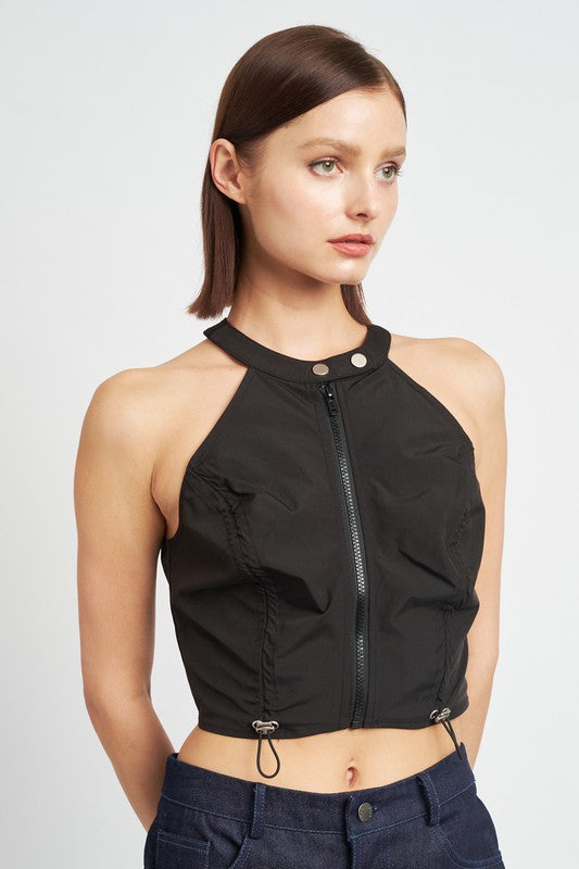 Zip Front Halter Neck Cropped Top - Emory Park
