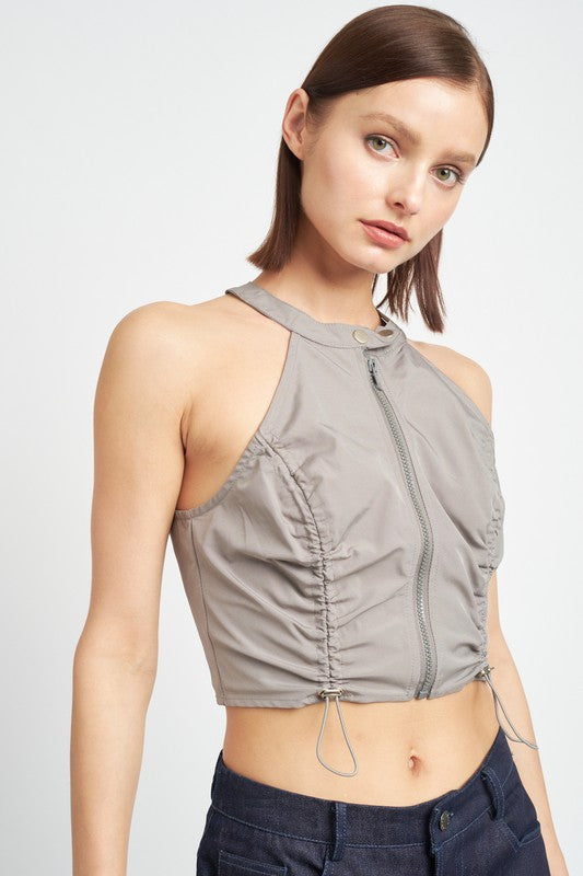 Zip Front Halter Neck Cropped Top - Emory Park