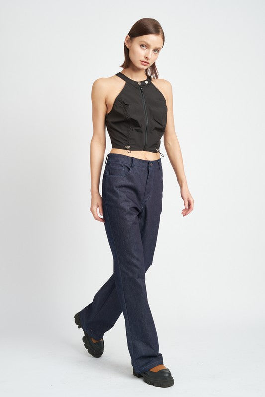 Zip Front Halter Neck Cropped Top - Emory Park