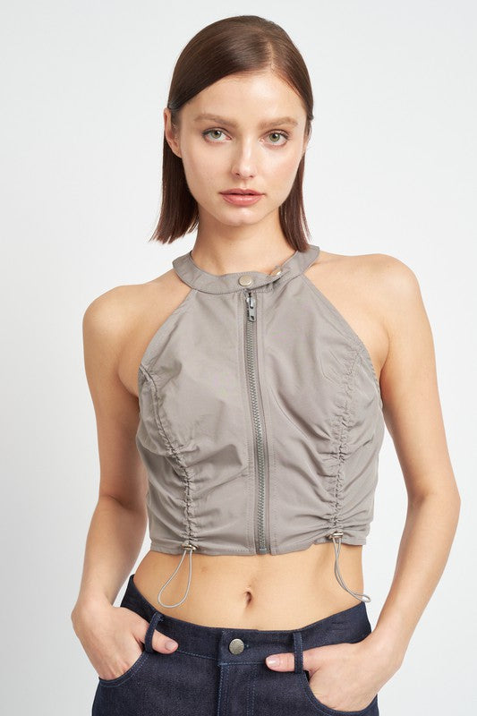 Zip Front Halter Neck Cropped Top - Emory Park