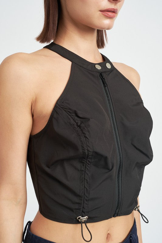 Zip Front Halter Neck Cropped Top - Emory Park