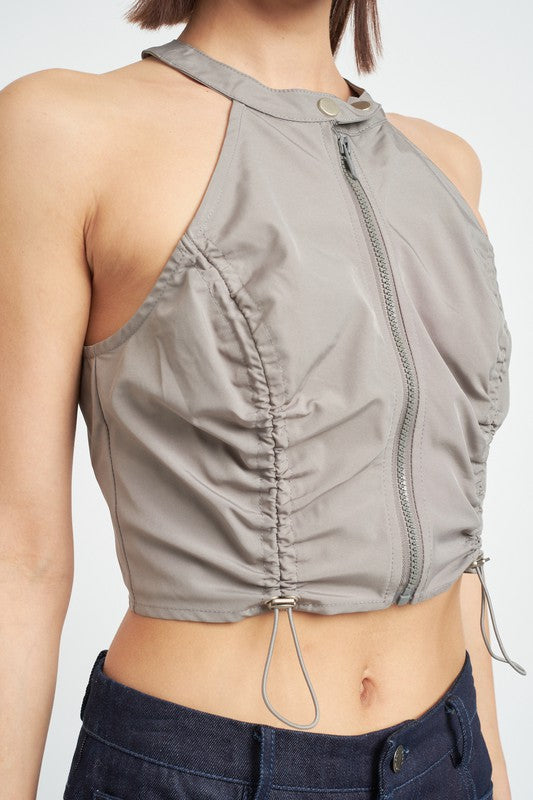 Zip Front Halter Neck Cropped Top - Emory Park