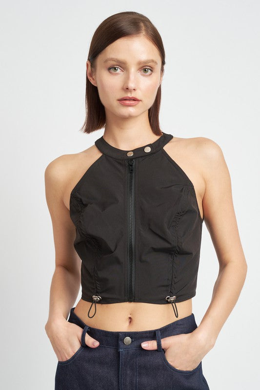 Zip Front Halter Neck Cropped Top - Emory Park