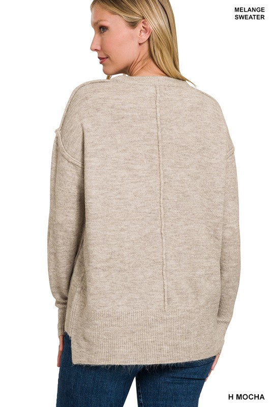 Melange Hi-Low hem Round Neck Sweater - Zenana