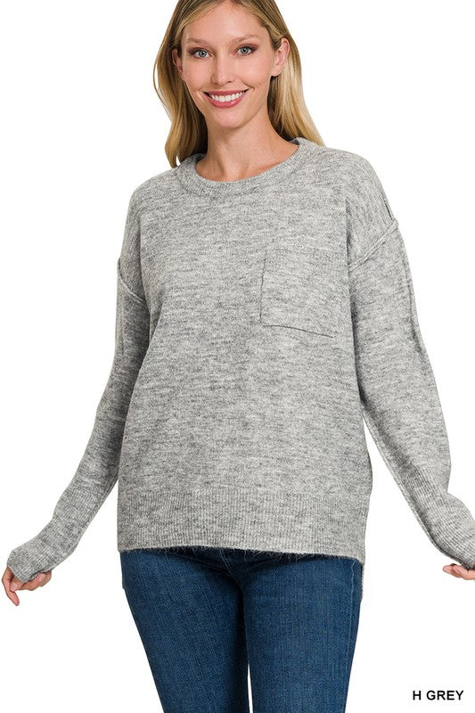 Melange Hi-Low hem Round Neck Sweater - Zenana
