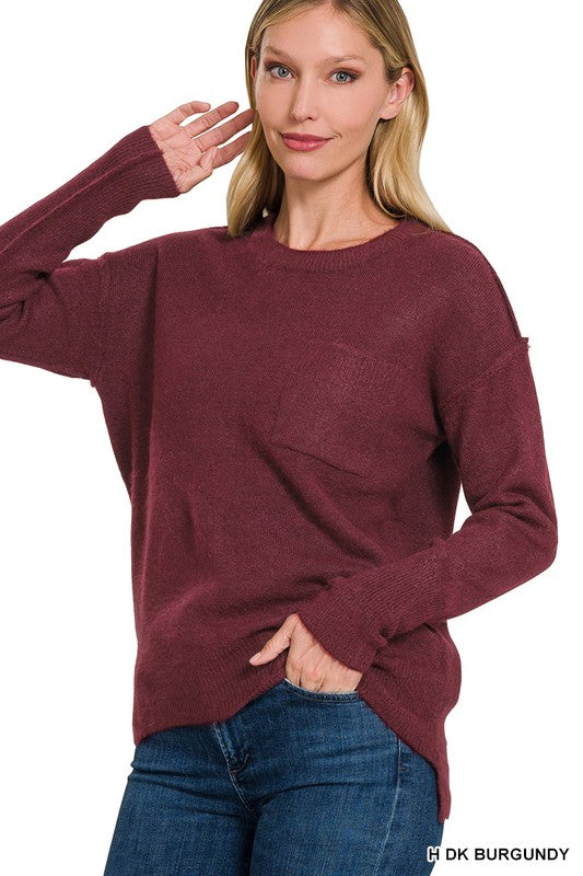 Melange Hi-Low hem Round Neck Sweater - Zenana
