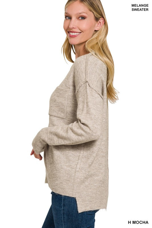 Melange Hi-Low hem Round Neck Sweater - Zenana