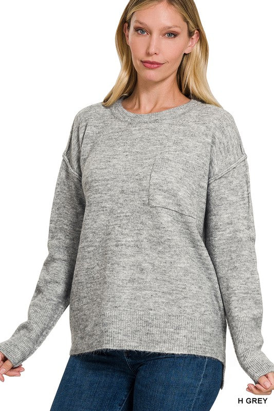Melange Hi-Low hem Round Neck Sweater - Zenana