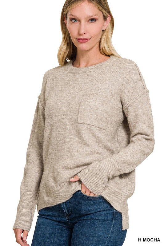 Melange Hi-Low hem Round Neck Sweater - Zenana