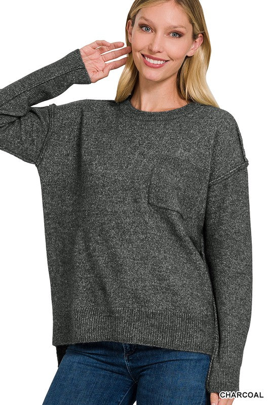 Melange Hi-Low hem Round Neck Sweater - Zenana