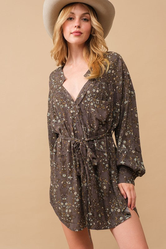 Rayon Crinkle Ditsy Floral Raw Shift Shirt Dress - Blue B