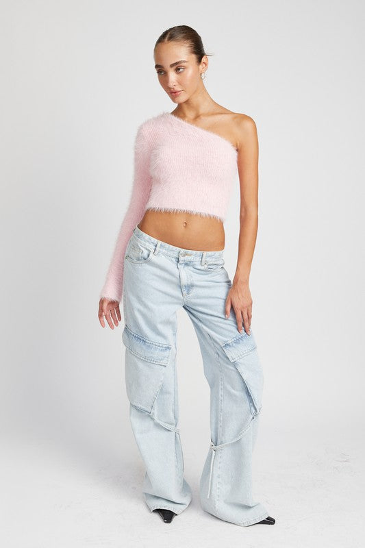 One Shoulder Fluffy Sweater Top - Emory Park