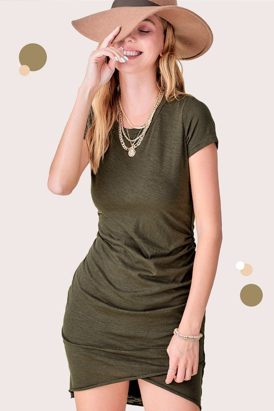 Soft Ruched Round Neck Short Sleeve Mini Dress - La Miel