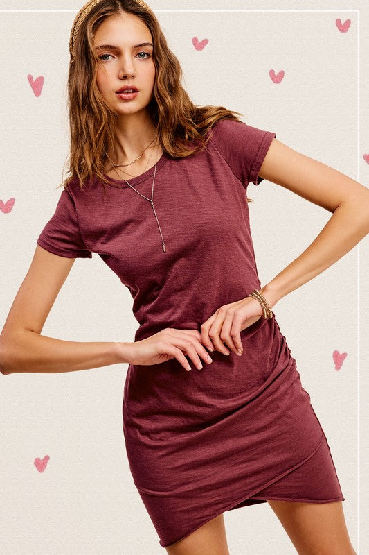 Soft Ruched Round Neck Short Sleeve Mini Dress - La Miel