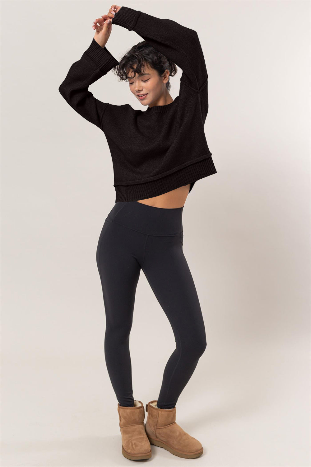 HYFVE Round Neck Dropped Shoulder Ribbed Sweater - Black