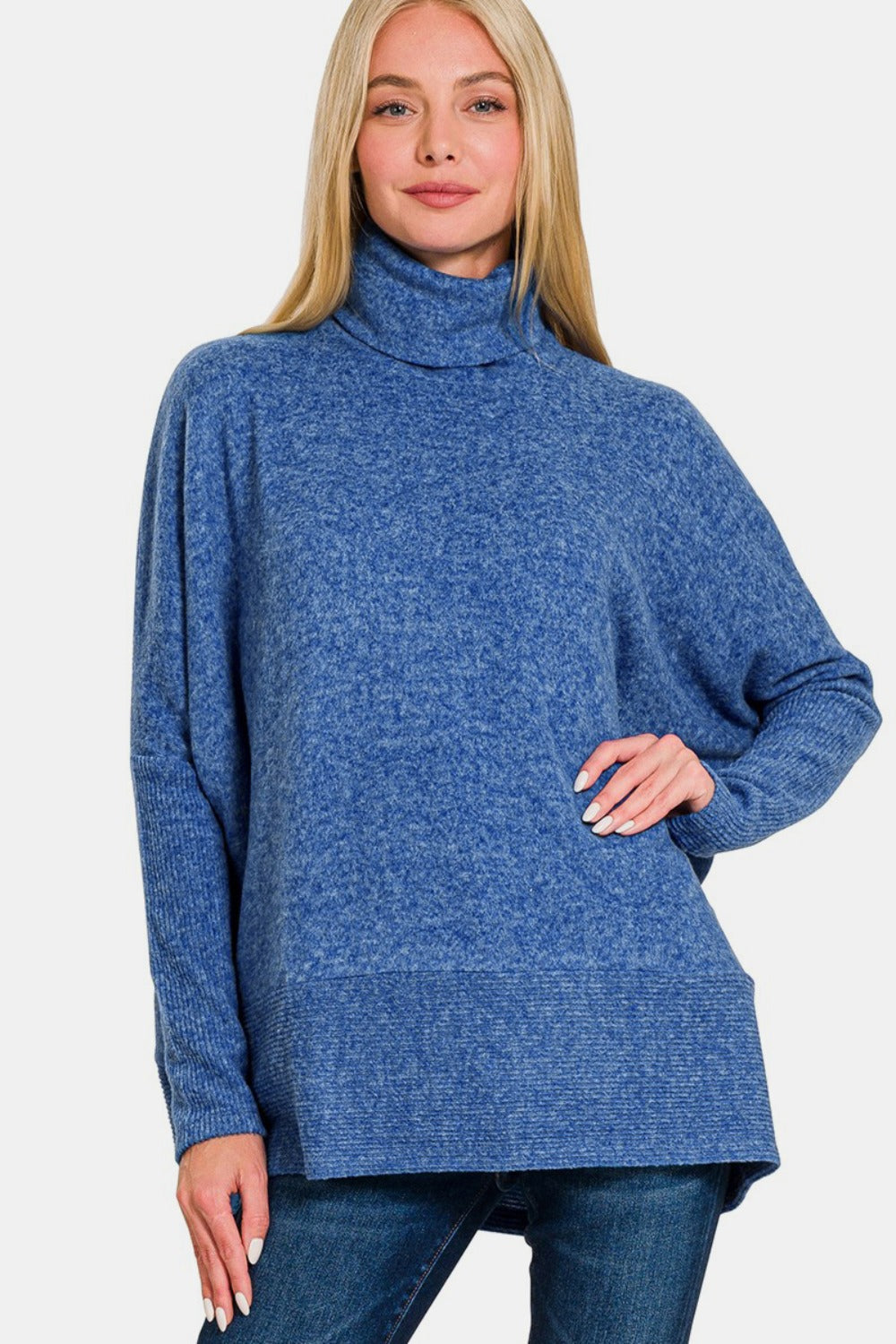 Zenana Full Size Brushed Melange Hacci Turtleneck Sweater - Light Navy
